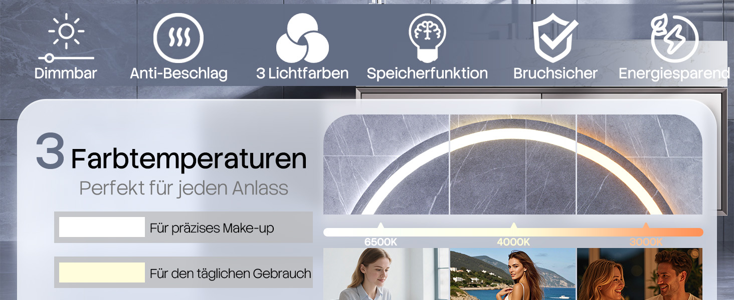 Дзеркало для ванної кімнати HySail з підсвічуванням, 5 мм високоякісне срібне скло, 3 колірні температури та регульована яскравість, настінне дзеркало з сенсорним вимикачем та антизапарюючим покриттям, кругле, 70 x 70 см