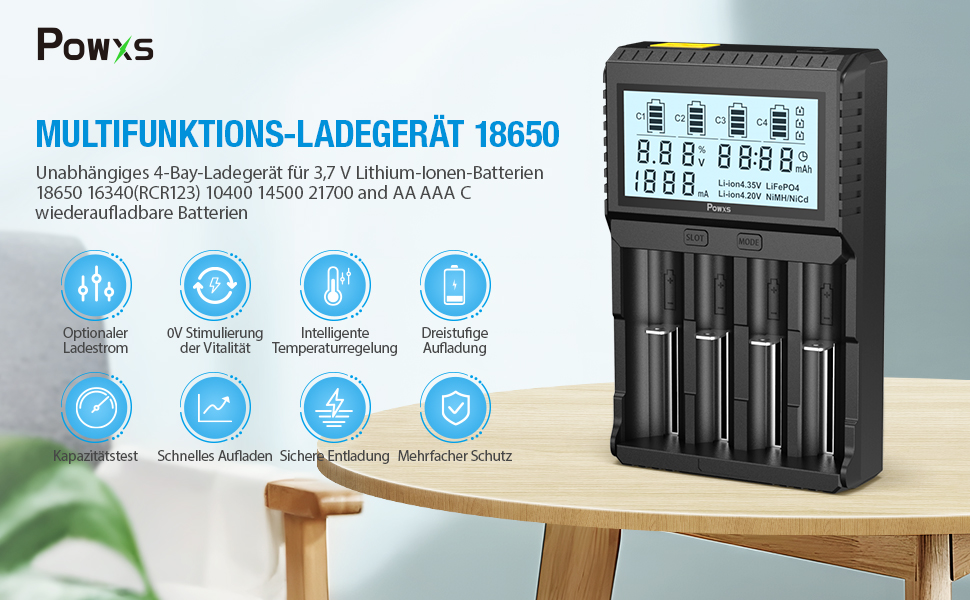 Зарядний пристрій POWXS для акумуляторів 18650 з тестуванням, LCD-дисплеєм, 4 слоти, Li-Ion, IMR, NI-MH, NI-Cd, AA, AAA, C, 26650, 21700, 16340, 14500, 10440, RCR123