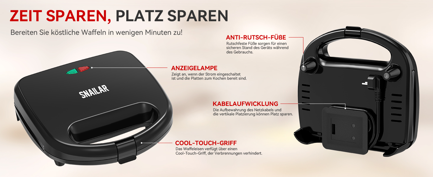 Вафельниця Snailar: компактна та стильна бельгійська модель 750W з антипригарним покриттям для хрустких вафель, 2 вафельні пластини