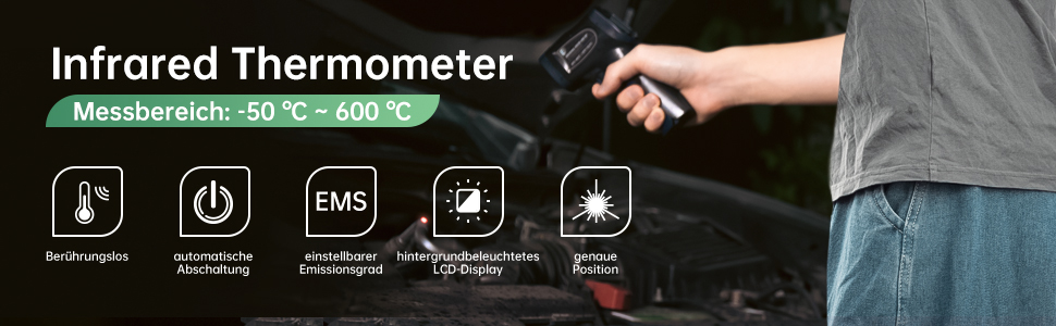 Інфрачервоний термометр ERICKHILL -50℃~600℃ безконтактний лазерний термометр з LCD-дисплеєм для приготування їжі/барбекю/морозильної камери/промисловості, чорно-синій (600℃ з термометром для м'яса)