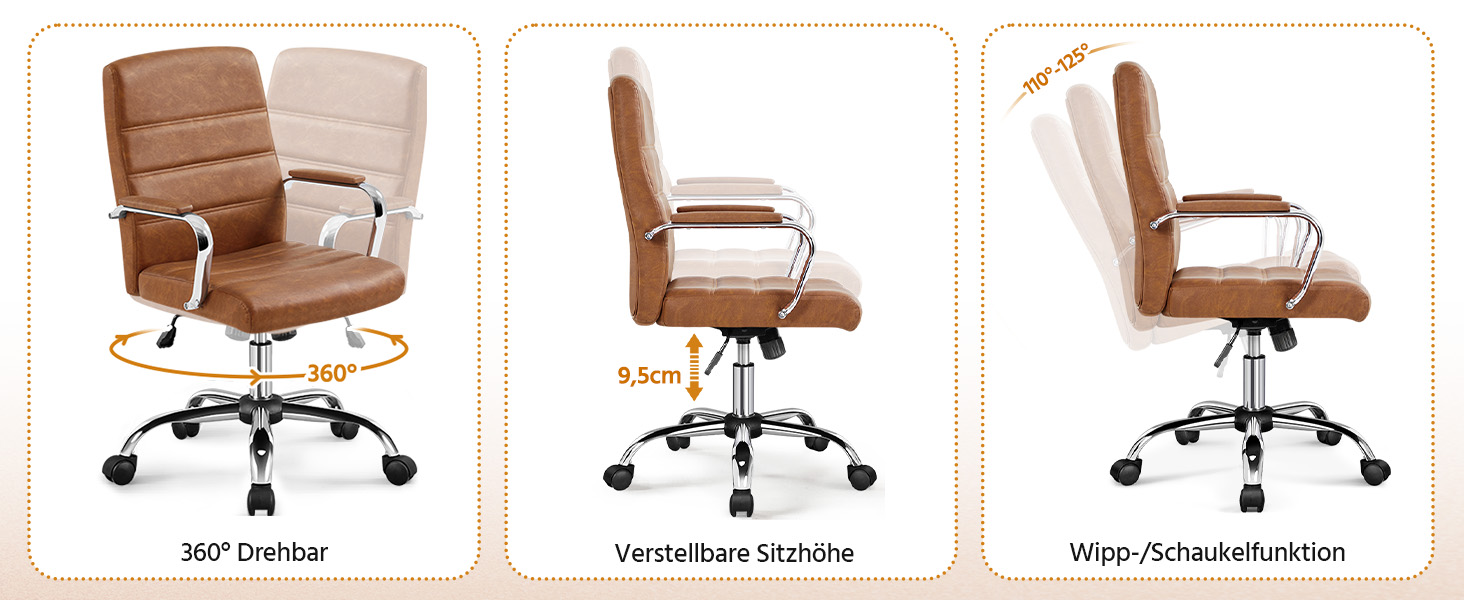 Офісне крісло Yaheetech ергономічне, з підлокітниками та роликами, для офісу та дому, витримує до 130 кг, колір - іржаво-коричневий