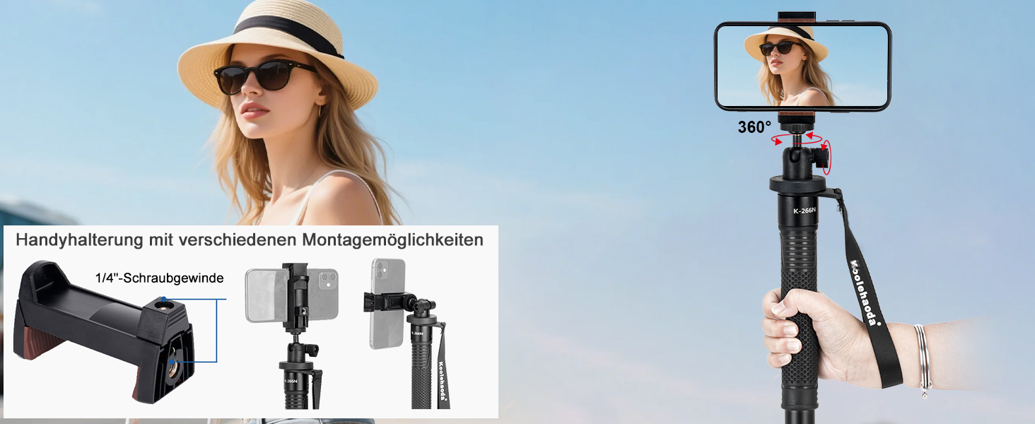 Штатив Koolehaoda 160 см з алюмінію з ручкою-підтримкою та тримачем для телефону, 1/4'-3/8' адаптер для DSLR/відеокамер, смартфонів