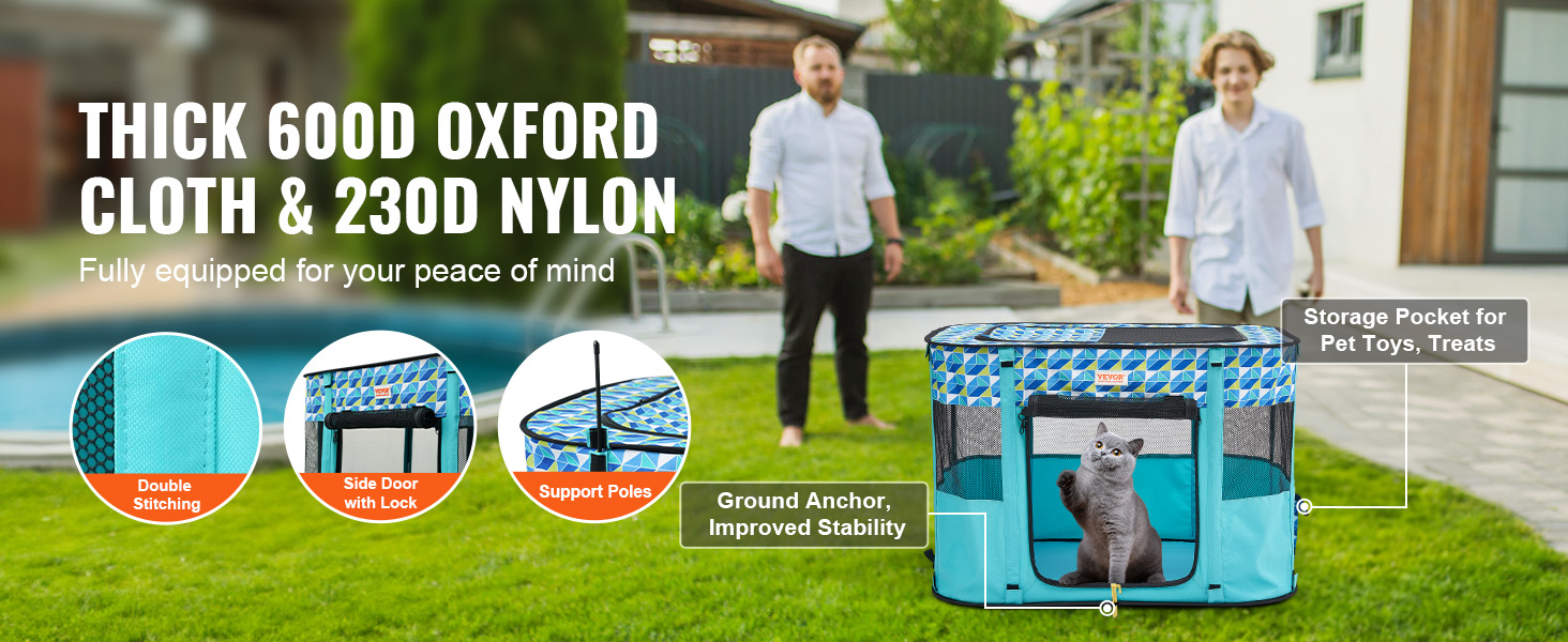 Клітка для цуценят VEVOR, розкладний вольєр для собак, 914 x 914 x 584 мм, з мискою, 600D Oxford, для малих та середніх тварин (Блакитна)