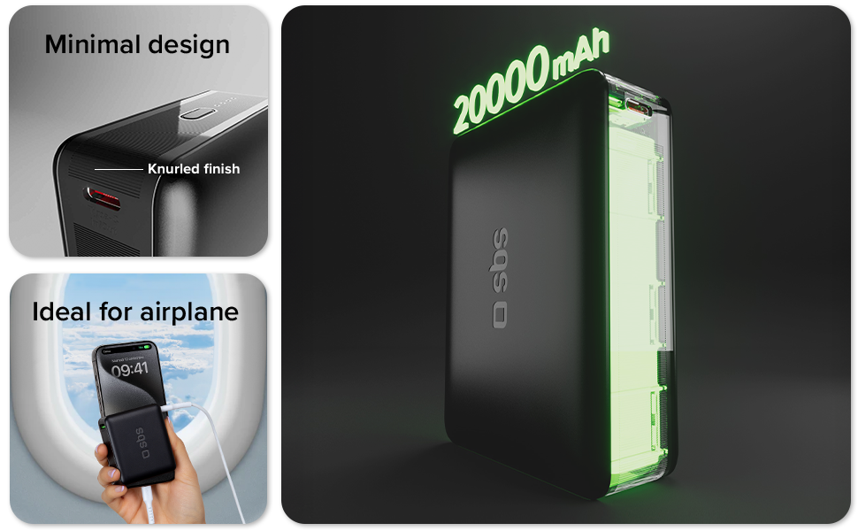 Power Bank SBS Slim 20000 mAh з AFC, LCD-дисплеєм та USB-C/USB-A: заряд для Apple, Samsung, MacBook, iPad, планшетів та ноутбуків