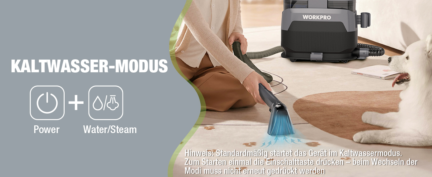 WORKPRO Мийний пилосос для килимів та м'яких меблів, 16 kPa, 4 режими очищення, насадки для килимів, диванів, матраців, вікон, видалення тваринських плям
