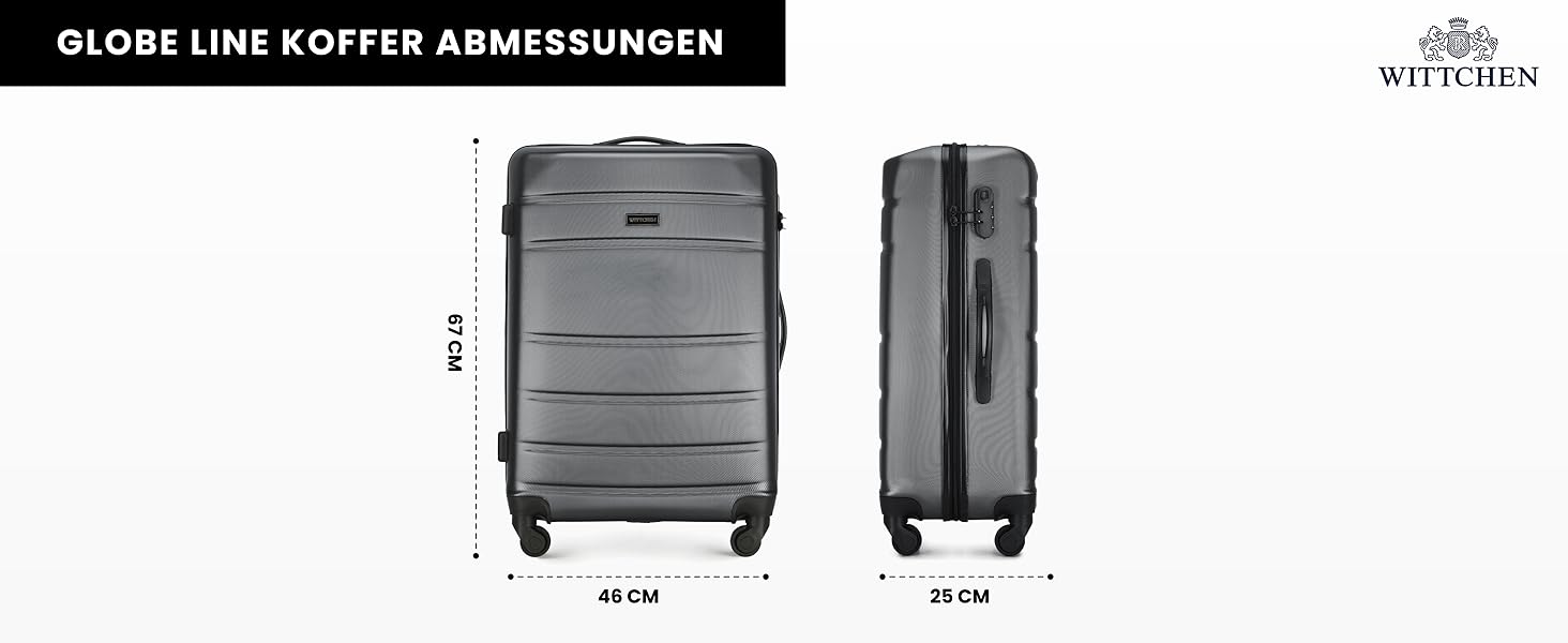 Валіза на колесах WITTCHEN Globe Line S з ABS-пластику, 4 колеса, кодовий замок, телескопічна ручка. Підходить для ручної поклажі Lufthansa, Eurowings, Ryanair, Condor, Discover Airlines. Колір: сірий.