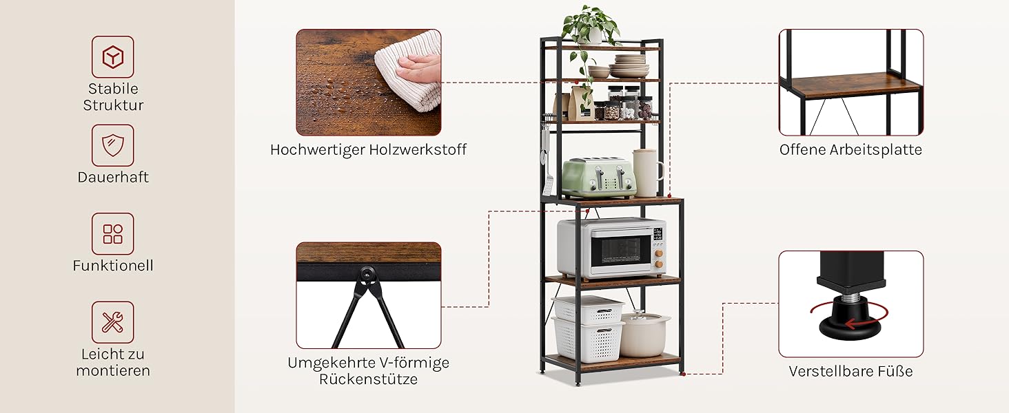 Стелаж кухонний Woltu з 6 полицями, з гачками, з металу та інженерної деревини, 60 x 167 x 40 см, рустичний коричнево-чорний