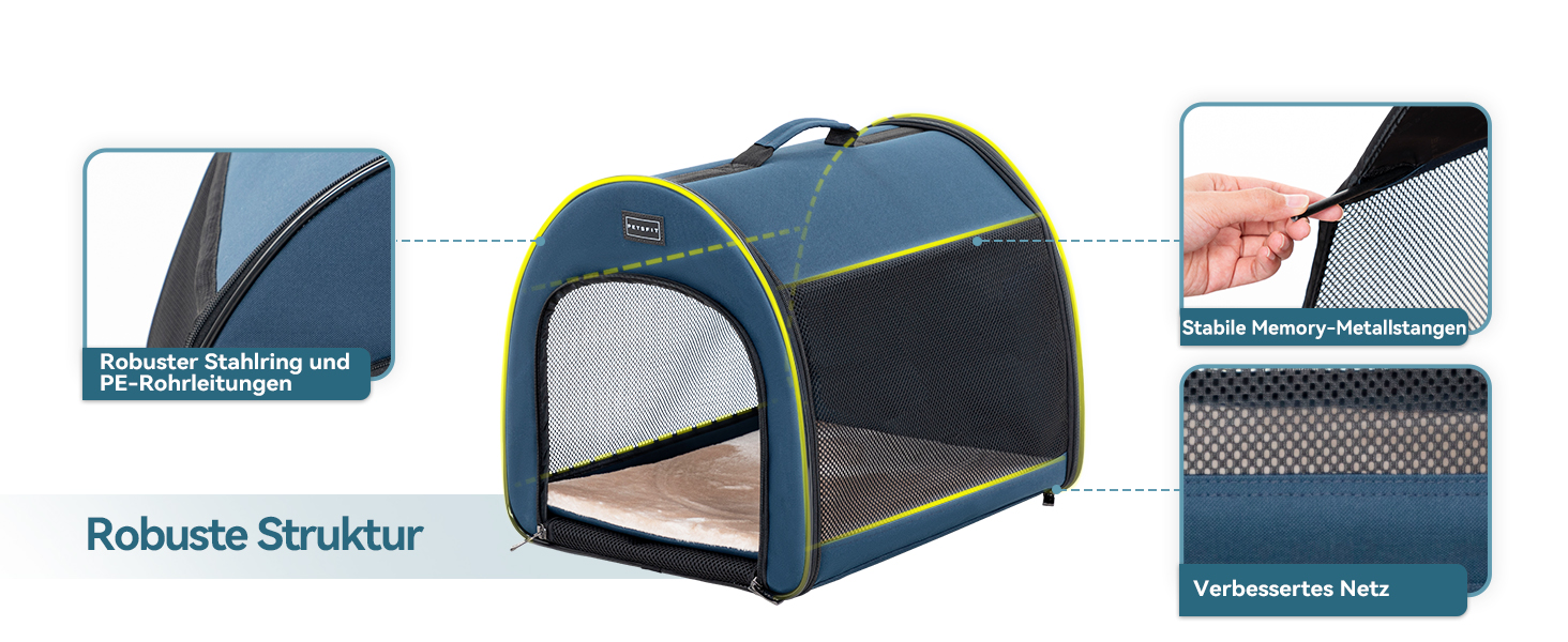Складана переноска для собак Petfit для маленьких собак і котів, портативна та дихаюча переноска для дому з вигнутим дахом, переноска-ліжко для собак з анти-відкриваючим блискавкою та подушкою (Блакитний, S)
