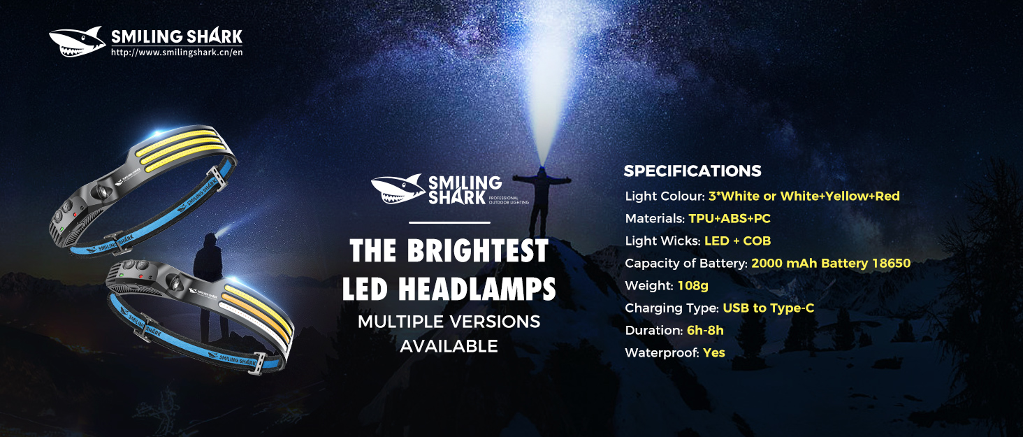 Лобовий ліхтар Smiling Shark, 230° широкий кут, 3 LED, біле світло, 2 шт., надяскравий, водонепроникний, акумуляторний для бігу, кемпінгу