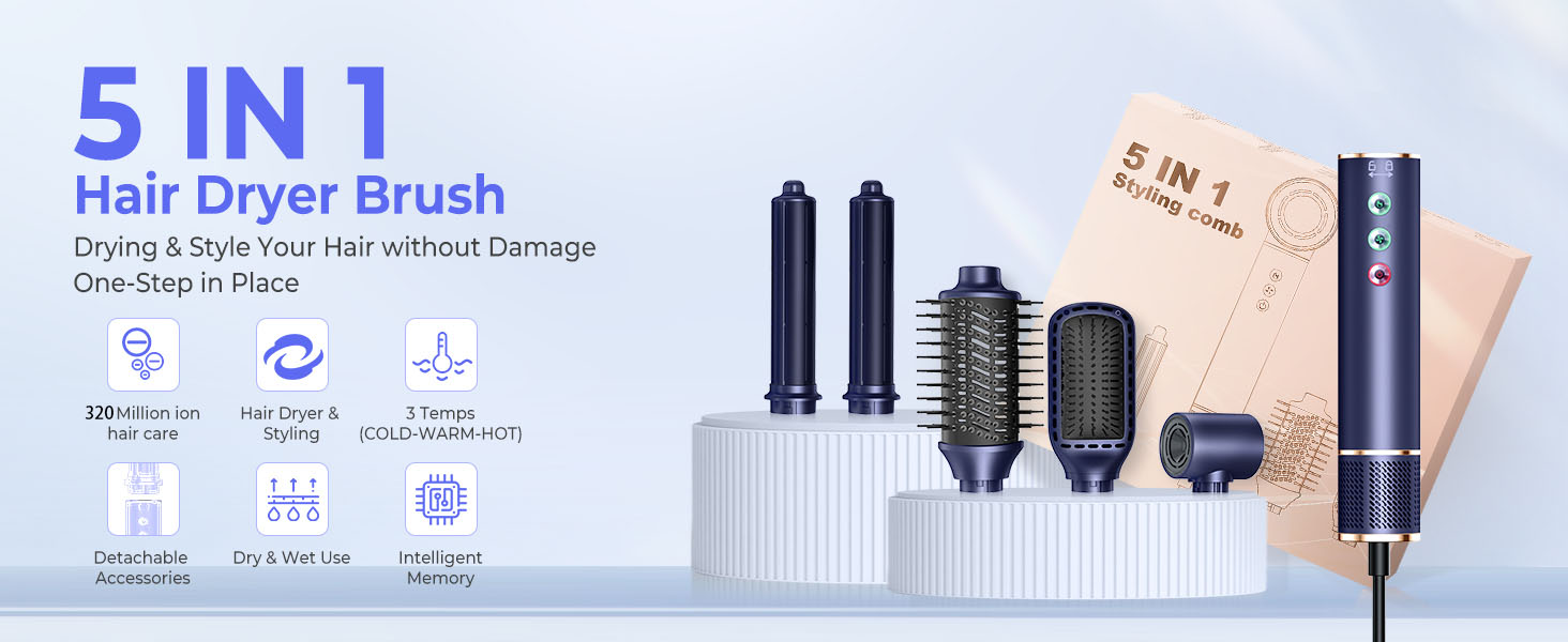 Airstyler 5 в 1: Фен-щітка з іонізацією, 20 м/с, 110 000 об/хв, для створення локонів та випрямлення, легкий, тихий, швидке сушіння, блакитний