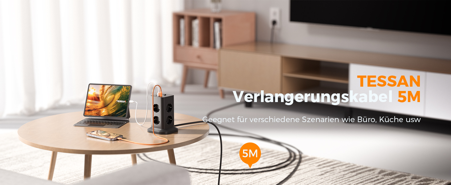 Блок розеток TESSAN із захистом від перенапруги 3600W 16A, 8 розеток + USB-C, подовжувач 2м, сірий, 1 USB-C (сірий&білий)