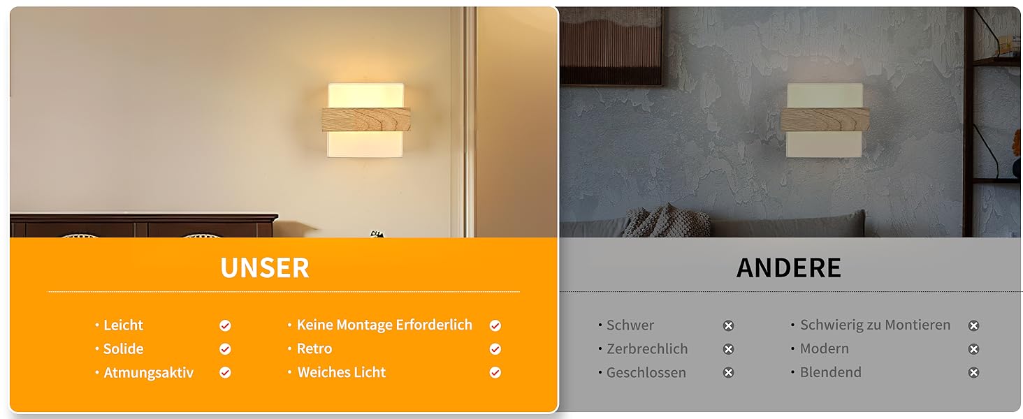Настінний світильник Gleonlux Wandleuchte Holz, Внутрішнє освітлення в стилі ретро, Boho, Industrial, для дому, сходи, вітальня, спальня, коридор, матеріал: дерево, тканина, цоколь E14, розмір 22.5x13x20 см