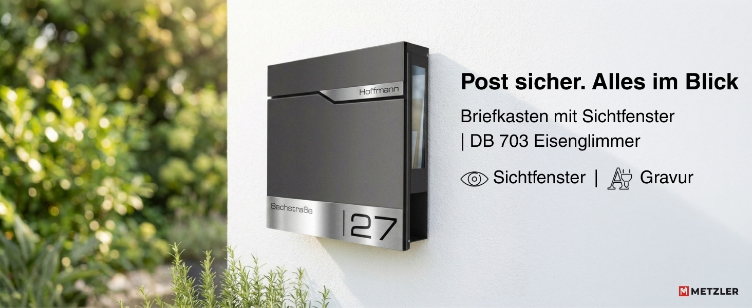 Поштовий ящик Metzler® з газетницею та табличкою з нержавіючої сталі V2A, стійкий до іржі, сучасний дизайн, 10 років гарантії на запчастини, опції монтажу та аксесуари, колір Eisenglimmer Db 703