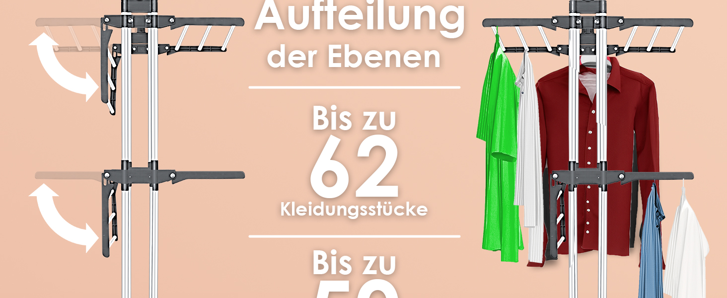 Кюссер® Сушилка для білизни з колесами - Турбо-модель, 4 яруси, 2 обертові крила, 6 склавних секцій, білий/антрацитовий