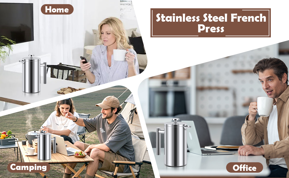 Френч-прес для кави з нержавіючої сталі, 1000 мл, з подвійними стінками, ізольований, для дому, кемпінгу та офісу