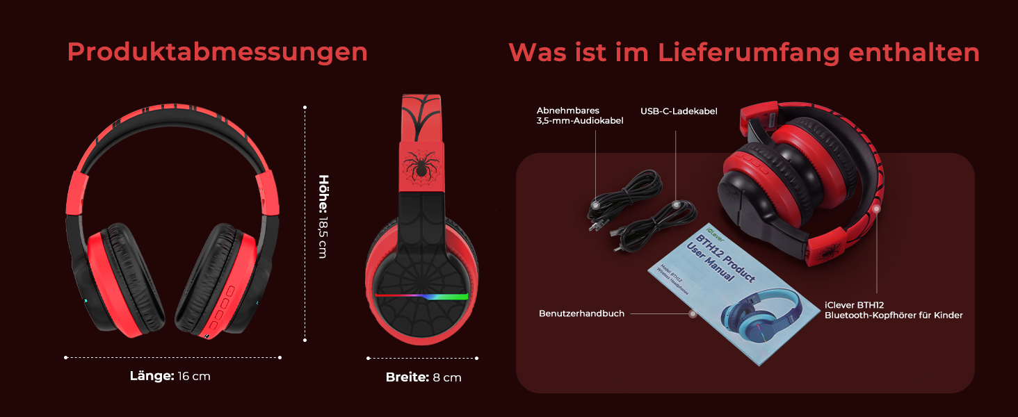 iClever Бездротові навушники для дітей з LED-підсвіткою, Over-Ear, Bluetooth 5.2, мікрофон, BTH12 (Чорний/Червоний)