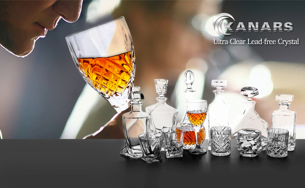 KANARS Whisky Decanter and Glasses Set, 800 ml Lead-Free Crystal Whiskey Decanter with 4x 300 ml Glasses, 5-Piece, Gift Box