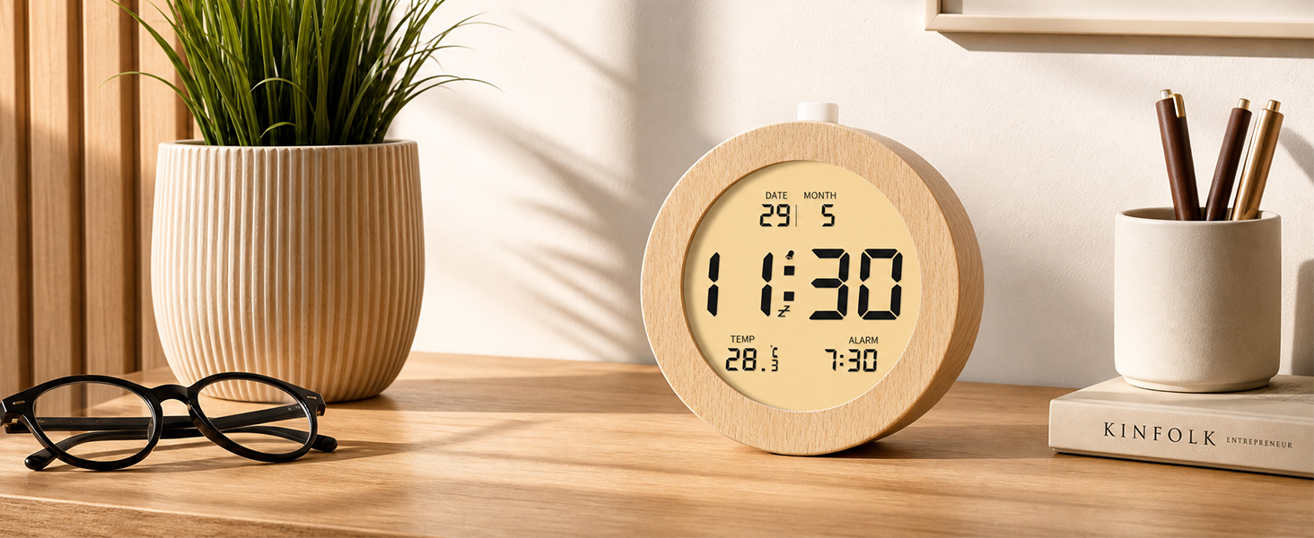 Цифровий будильник aboveClock з дерев'яним корпусом: LCD-дисплей з температурою та датою, функція Snooze, підсвічування, для спальні