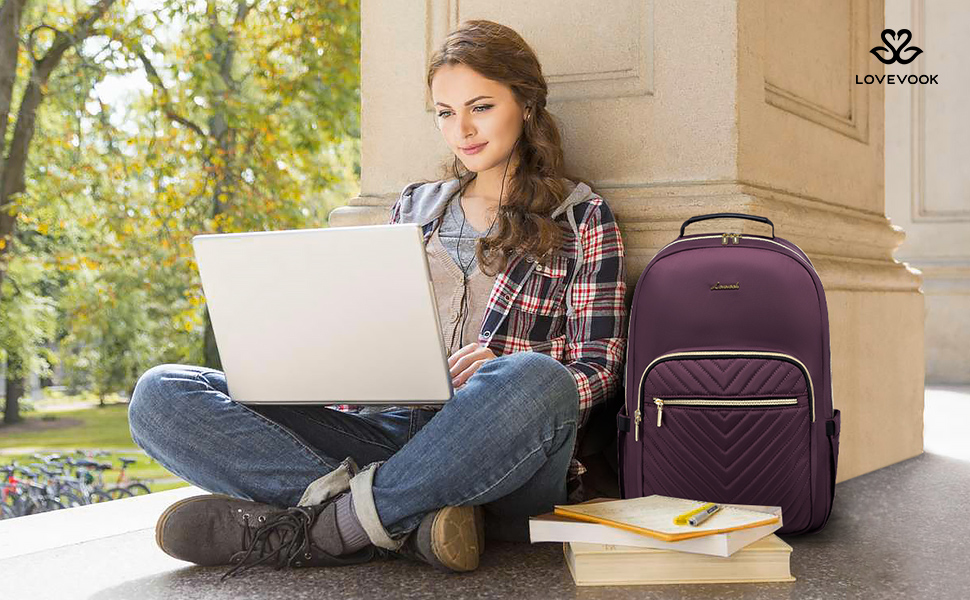 LOVEVOOK Рюкзак для жінок, великий, 15.6 дюймів, для ноутбука, водонепроникний, шкільний, для дівчат-підлітків, чорний, елегантний, для роботи, для школи, університету, подорожей, 15.6 дюймів (15.6', Темно-фіолетовий-1)