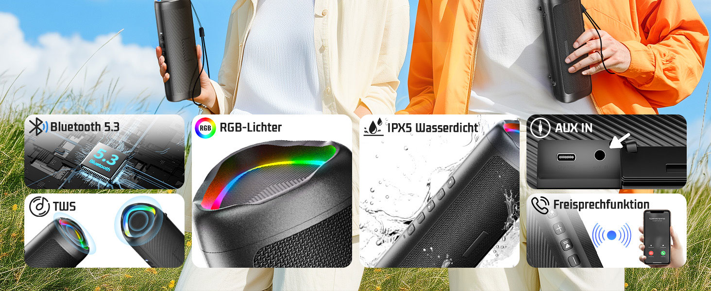 Портативна Bluetooth колонка UOHHBOE 30W з RGB підсвічуванням, TWS Stereo, водонепроникність IPX5, 24 години роботи, 30 метрів, функція гучного зв'язку, трикутна форма