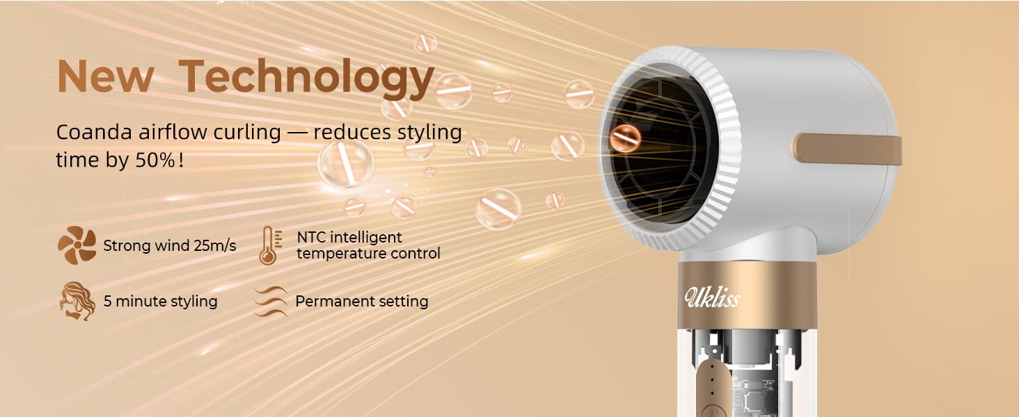UKLISS Airstyler Pro 7-в-1: Фен, стайлер, завикучувач. Професійний набір для волосся з автоматичною завивкою, брашінгом та випрямленням. Зменшення пухнастості, без екстремального нагріву. Білий, золотий