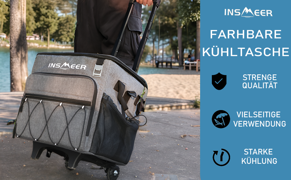 INSMEER Велика термосумка на колесах 40л, 60 банок, водонепроникна, для пляжу, кемпінгу, пікніка, покупок (сіра)