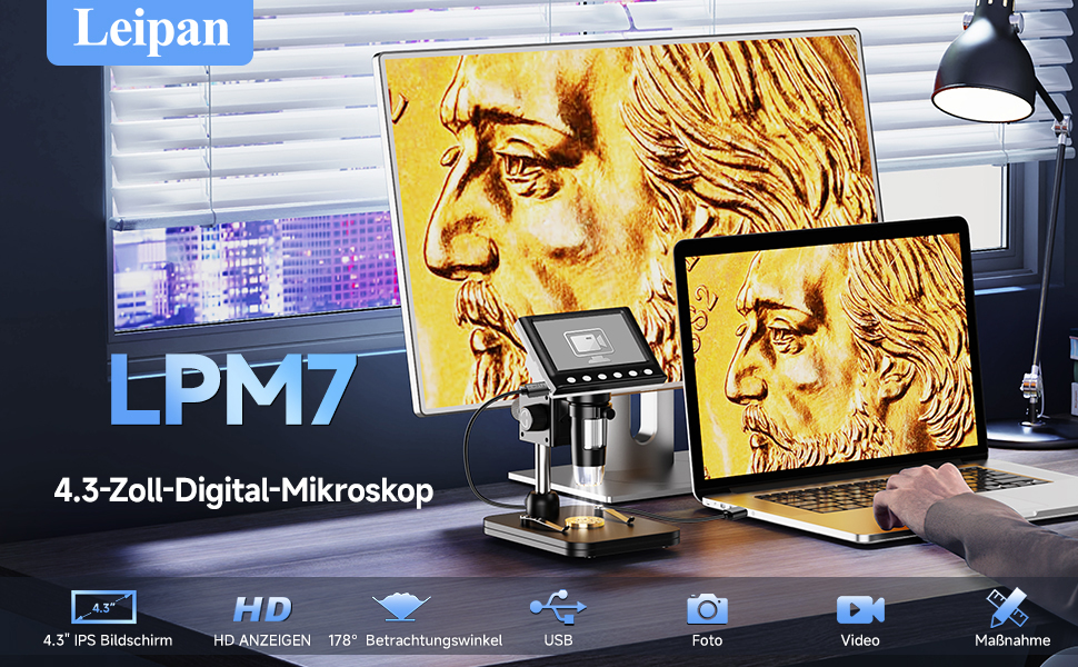 Цифровий мікроскоп Leipan LPM7 4.3' для дітей та дорослих, 1000x збільшення, IPS дисплей, 8 LED, USB-підключення до ПК (Windows/Mac), 32GB TF-карта, DM7-4.3' монетосвід