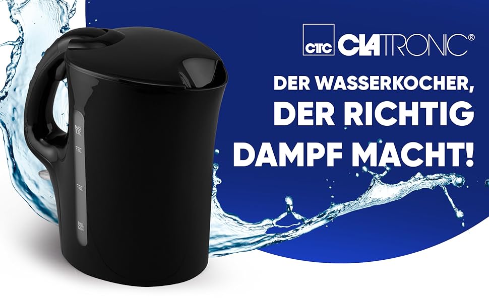 Електричний чайник Clatronic® WK 3819, 1.7 л, автоматичне/ручне вимкнення, фільтр від накипу, 2200 Вт, чорний (Модель 2024)