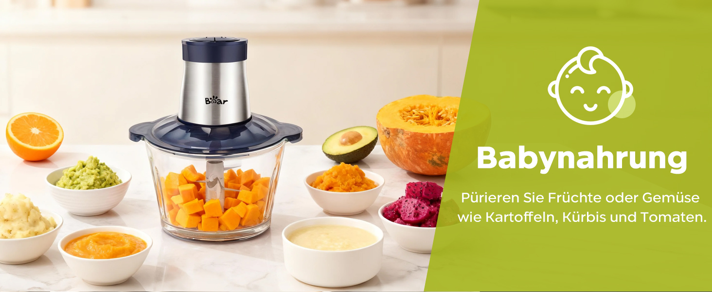 Електричний подрібнювач м'яса Bear 2L+1.8L з функцією м'ясоподрібнювача, 600W, 2 швидкості, зі скляною та нержавіючою сталлю, 4 леза, для м'яса, дитячого харчування, фруктів та овочів