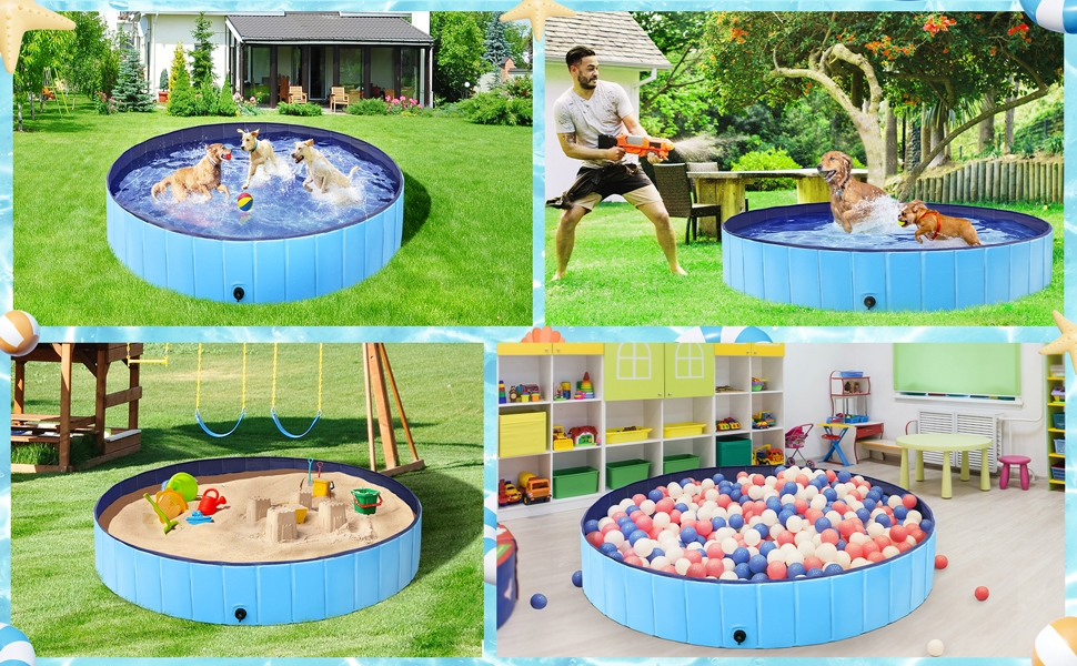 Складаний басейн для собак Yaheetech 160x30 см, протиковзкий, злив, PVC, синій, з щіткою і латками