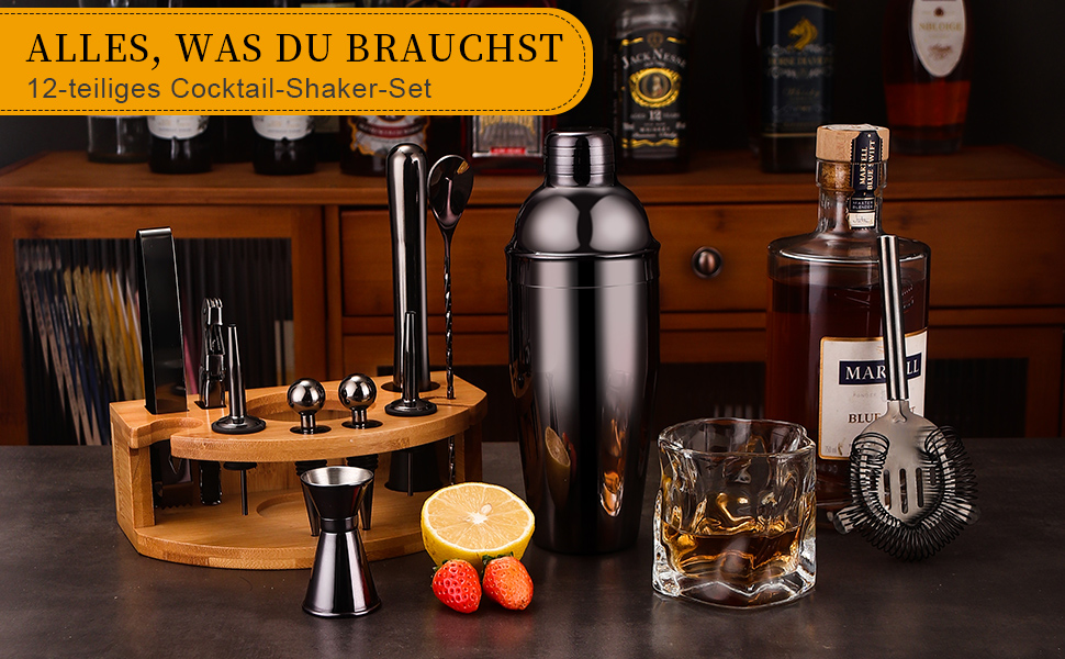 Набір шейкер для коктейлів Barkeeper Set, професійний набір барного інвентарю з нержавіючої сталі, чорний