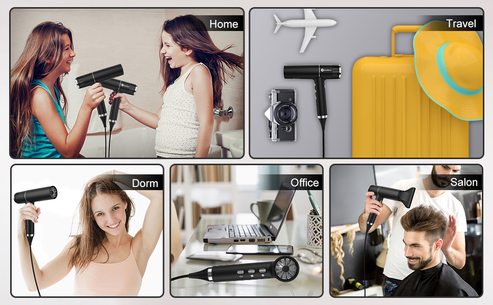 Фен Slopehill з унікальним безщітковим мотором | Інтелектуальна діагностика несправностей | Інноваційний мікрофільтр | Технологія Oxy Active | LED-дисплей | Суперлегкий 268г, 2000W (Чорний)