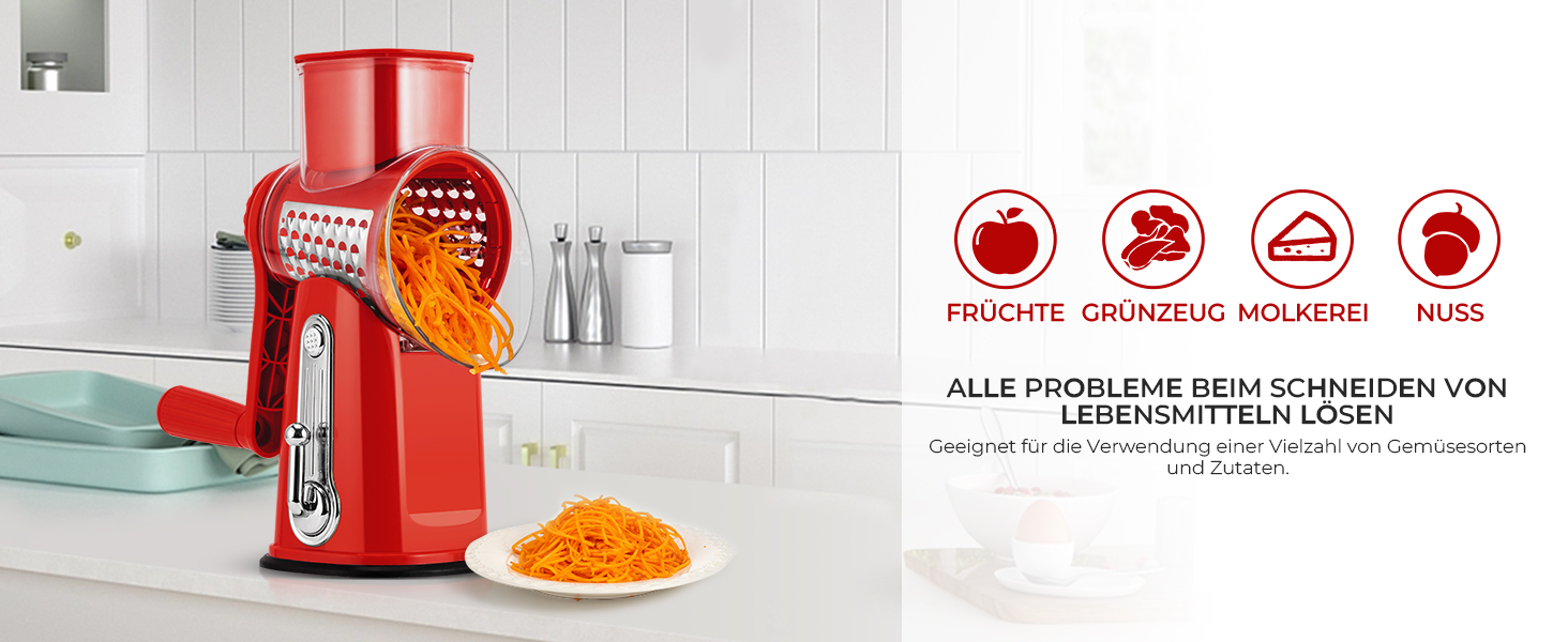 Ручна тертка для овочів Steaseas з ручкою - тертка для сиру, овочів, горіхів з 5 насадок, потужним присоском, контейнером для лез (червона)