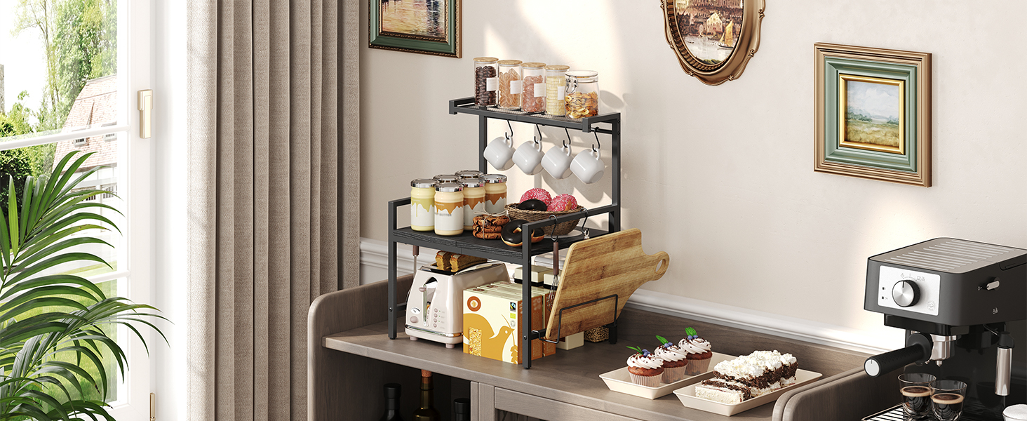 Поличка для мікрохвильової печі, кухонна поличка, 2 яруси, з підставкою для обробної дошки, органайзер з 8 гачками, чорний, ABRBN5301