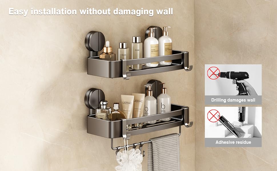 Поличка для душу без свердління, кутова поличка для ванної кімнати з присосками, корзина для душу з тримачем для рушників та знімними гачками (2 шт., сіра) (Прямокутна – 2 шт.)
