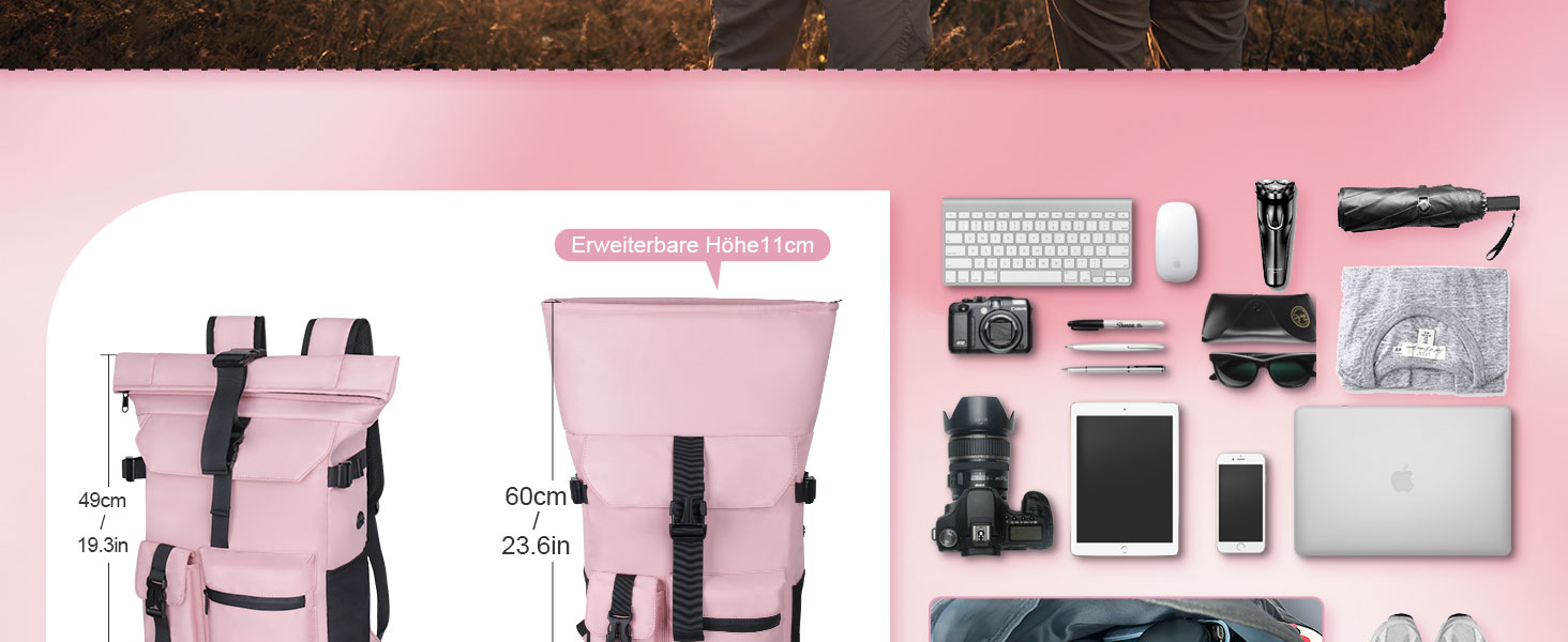 Roll-top Backpack Waterproof, 27L Large Backpack Men Women, School Backpack with 17.3 Inch Laptop Compartment, Travel Backpack Hiking Backpack for Business Work College Travel Leisure (Pink)