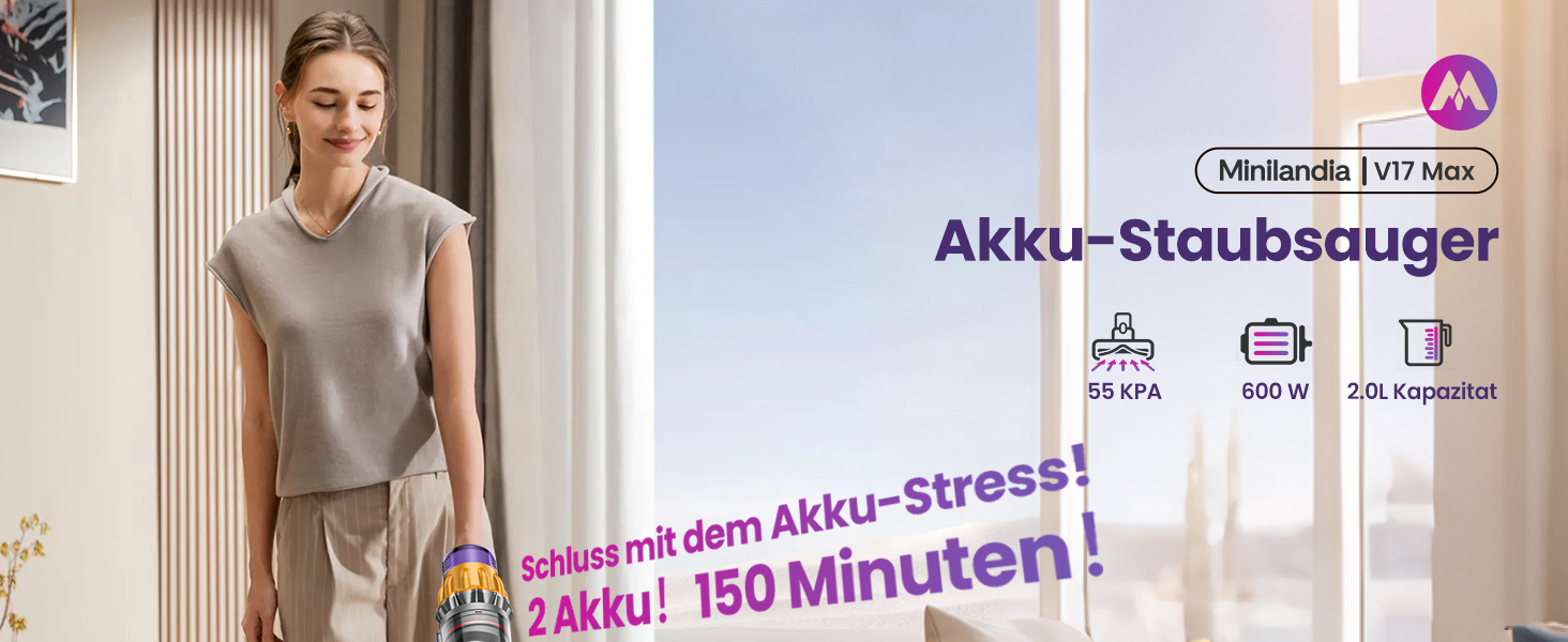 Бездротовий акумуляторний пилосос з 2 акумуляторами, 150 хв роботи, 55000 Па, 600 Вт, об'єм 2.0 л, з дисплеєм, антизаплутана щітка, самостійна парковка, настінна зарядка, 11-шарова фільтрація для шерсті тварин, килимів та твердих поверхонь