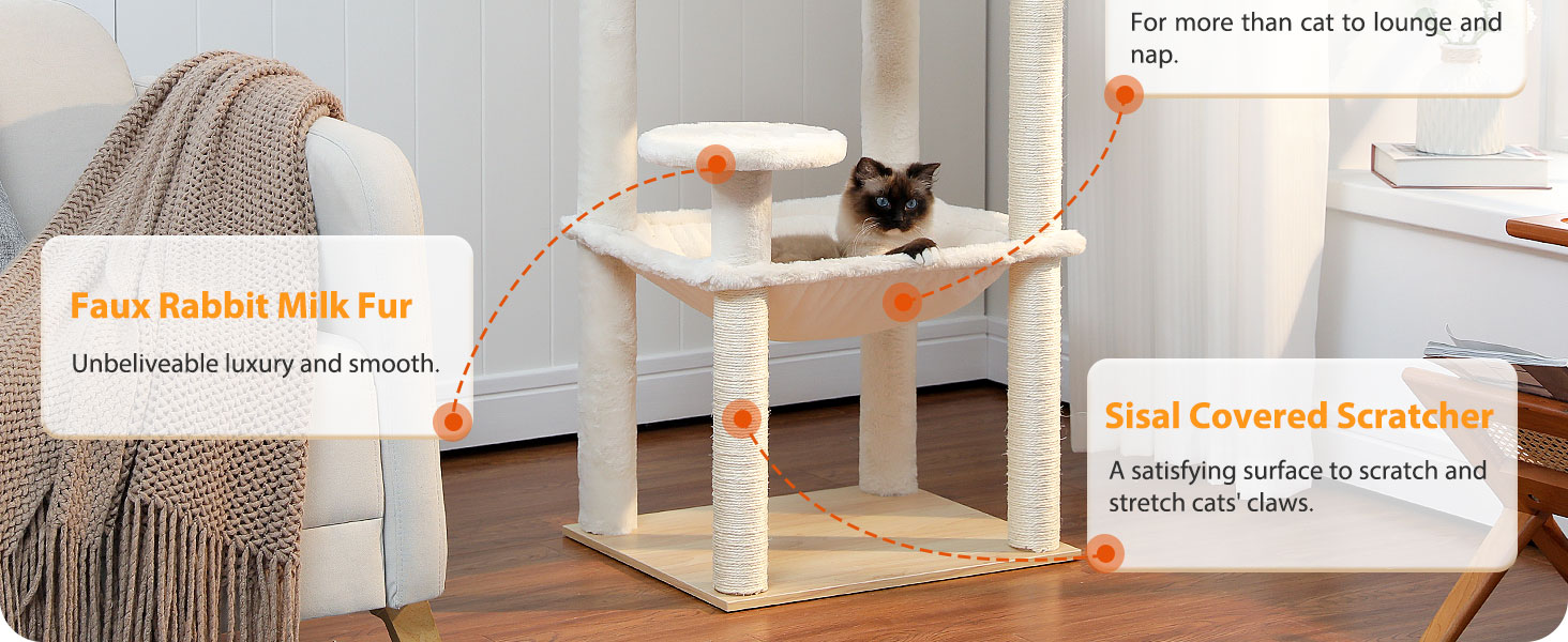 Дерев'яний кігтеточка для котів Petpela Katzenbaum 143см з гамаком та лежаком, обтягнутий сизалевим мотузком, бежевий