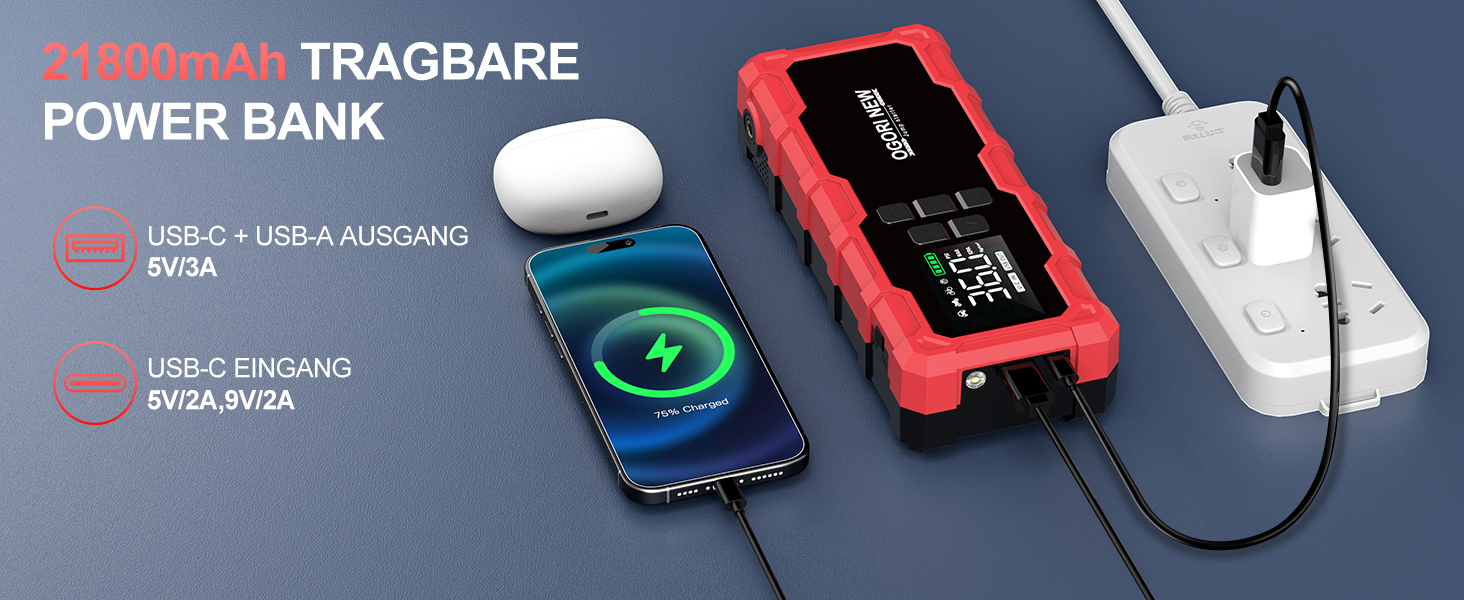 Powerbank Starthilfe з компресором 6000A, 12V, для бензинових (8L) та дизельних (10L) авто, з LED-ліхтариком