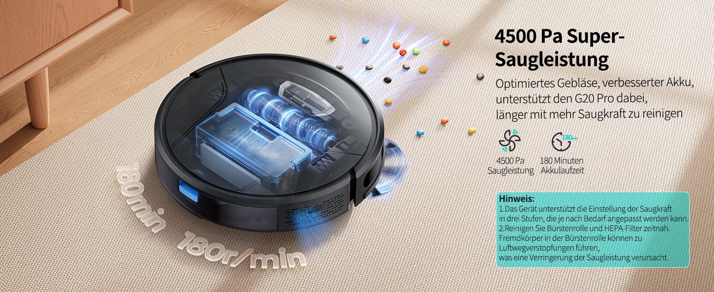 Робот-пилосос HONITURE G20 Pro з функцією миття, 4500Pa, керування через додаток, 180 хв роботи, для шерсті тварин, килимів та твердих підлог, чорний