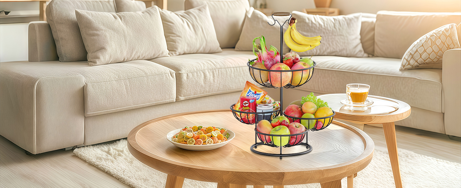 Багатоярусна фруктова корзина PouHenier.jh 5 ярусів, чорна, для фруктів та овочів з підставкою для бананів