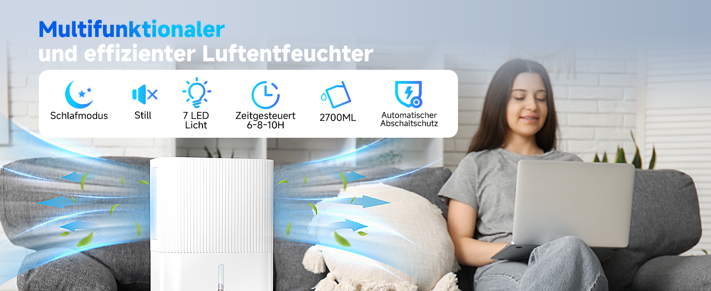 Електричний осушувач повітря 2700 мл з автоматичним вимкненням, таймером, нічним режимом та 7-кольоровим нічним світлом, портативний, для дому, ванної кімнати, підвалу. Осушує 550 мл/24 год