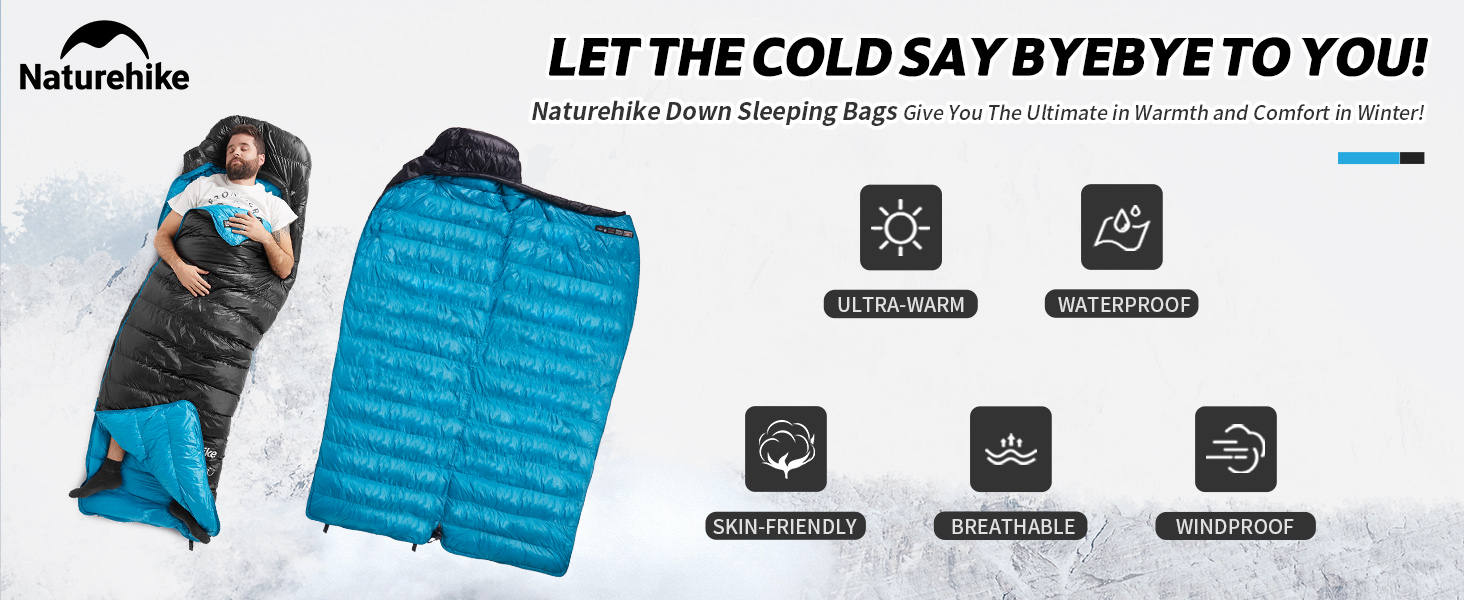 Спальний мішок Naturehike CW400: ультралегкий, пуховий, для дорослих, -11°C—6°C, з компресійним водонепроникним чохлом. Підходить для походів, велопоїздок та кемпінгу. Чорний колір.