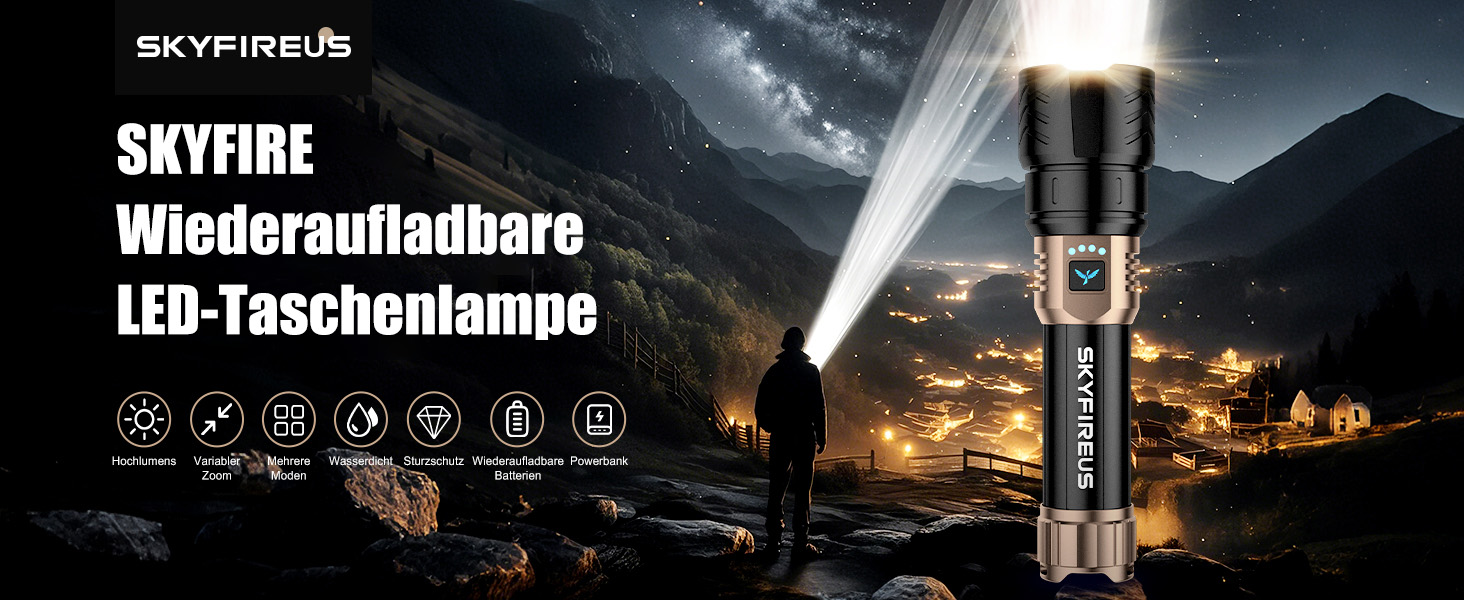 Ліхтар налобний LED Skyfire 900000 Люмен з лінзою для розпалювання вогню, USB-зарядка, 4 режими яскравості, Zoom, для кемпінгу, надзвичайних ситуацій та походів (чорне золото)