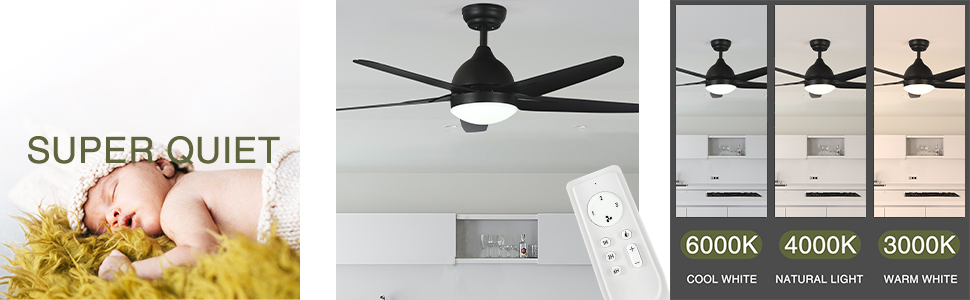 Стеляний вентилятор FINXIN з LED-лампою 132/122 см для спальні, вітальні, їдальні. Включає мотор, пульт керування (5 лопатей, чорний)