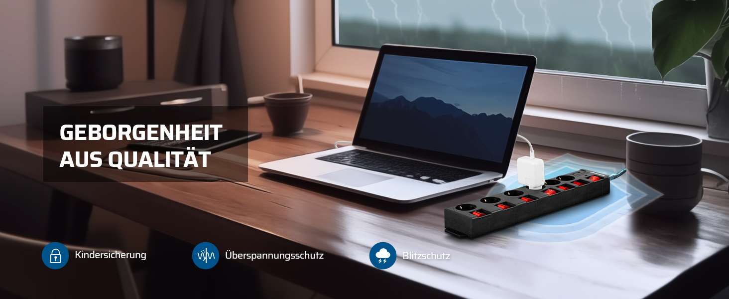 Розподільник розеток DEWENWILS 6-фазний з USB, індивідуальне вмикання, захист від перевантаження, дитячий захист, поворот 90°, чорний