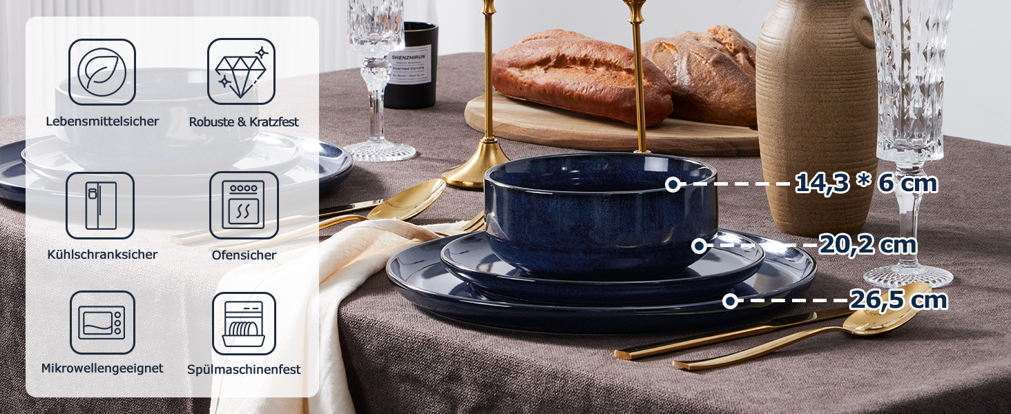 Набір посуду Onader на 6 осіб (18 предметів) - Тарілки, миски, десертні тарілки, кераміка, блакитний, для миття в посудомийній машині