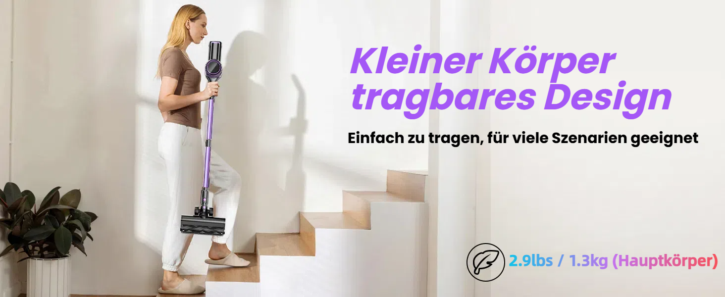 Бездротовий акумуляторний пилосос 45000 Па/500 Вт/45 хв з LED-дисплеєм та щіткою проти намотування, висувний шланг 73 см для твердих поверхонь, килимів, шерсті тварин, фіолетовий