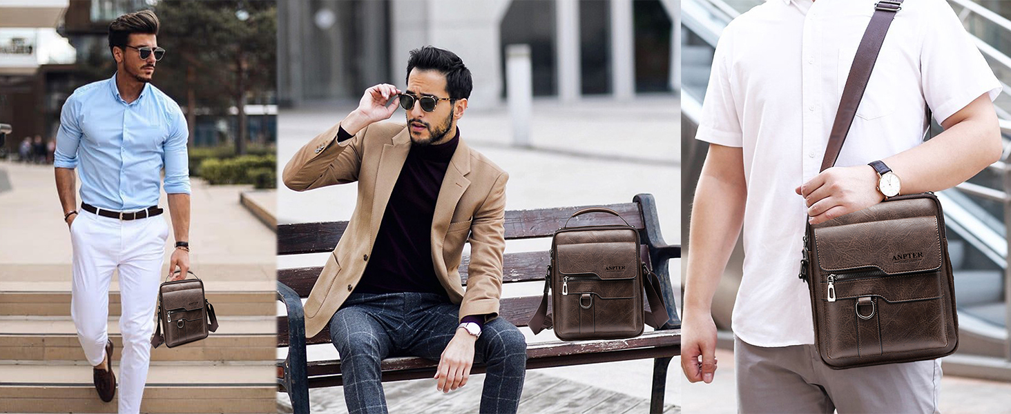 Чоловіча сумка через плече ANPTER: шкіряна, вінтажна, месенджер, через плече, для телефону (колір: коричневий)