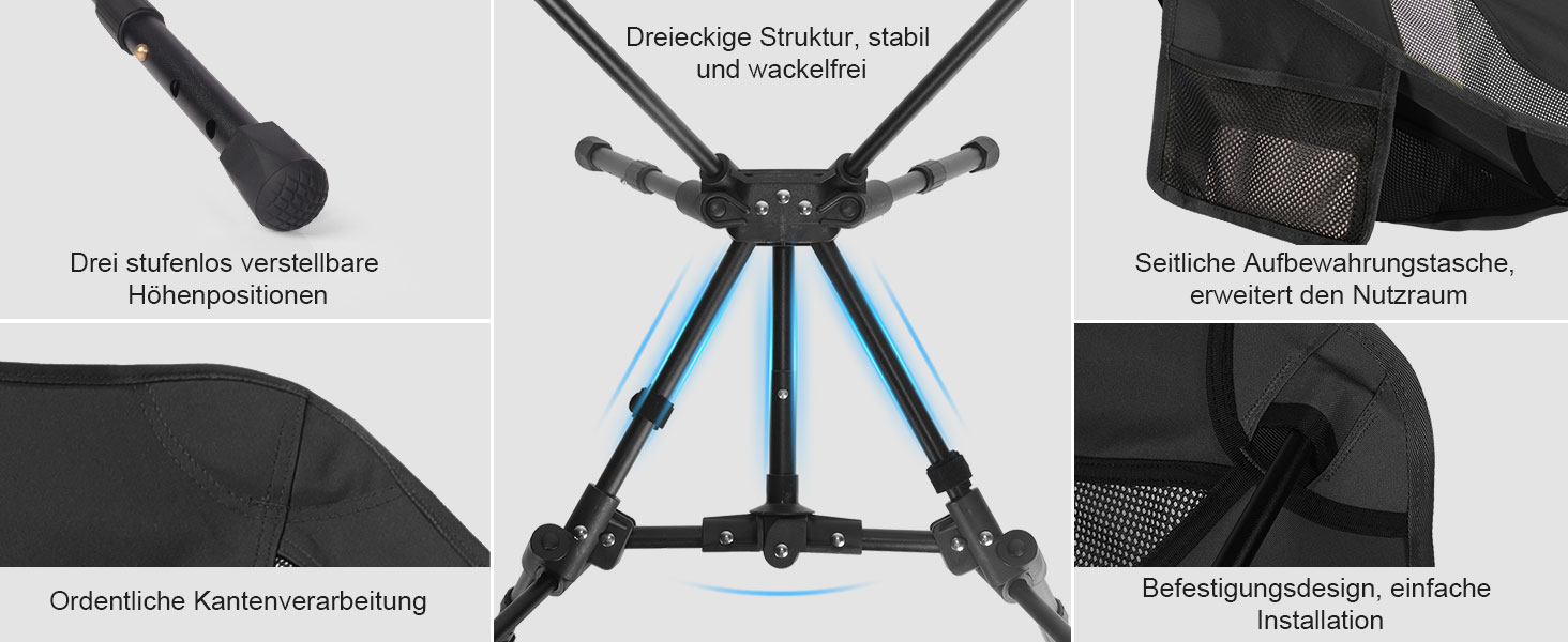 Складний туристичний стілець TOPCHANCES для кемпінгу та відпочинку на природі. Міцний, легкий, з кишенею, чорний